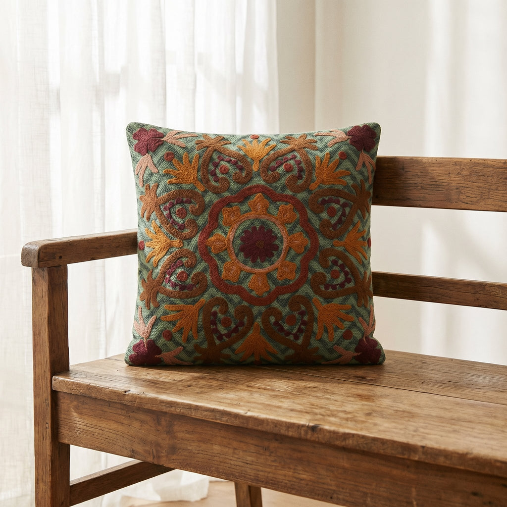Fern Marigold Handmade Embroidered Cushion Cover