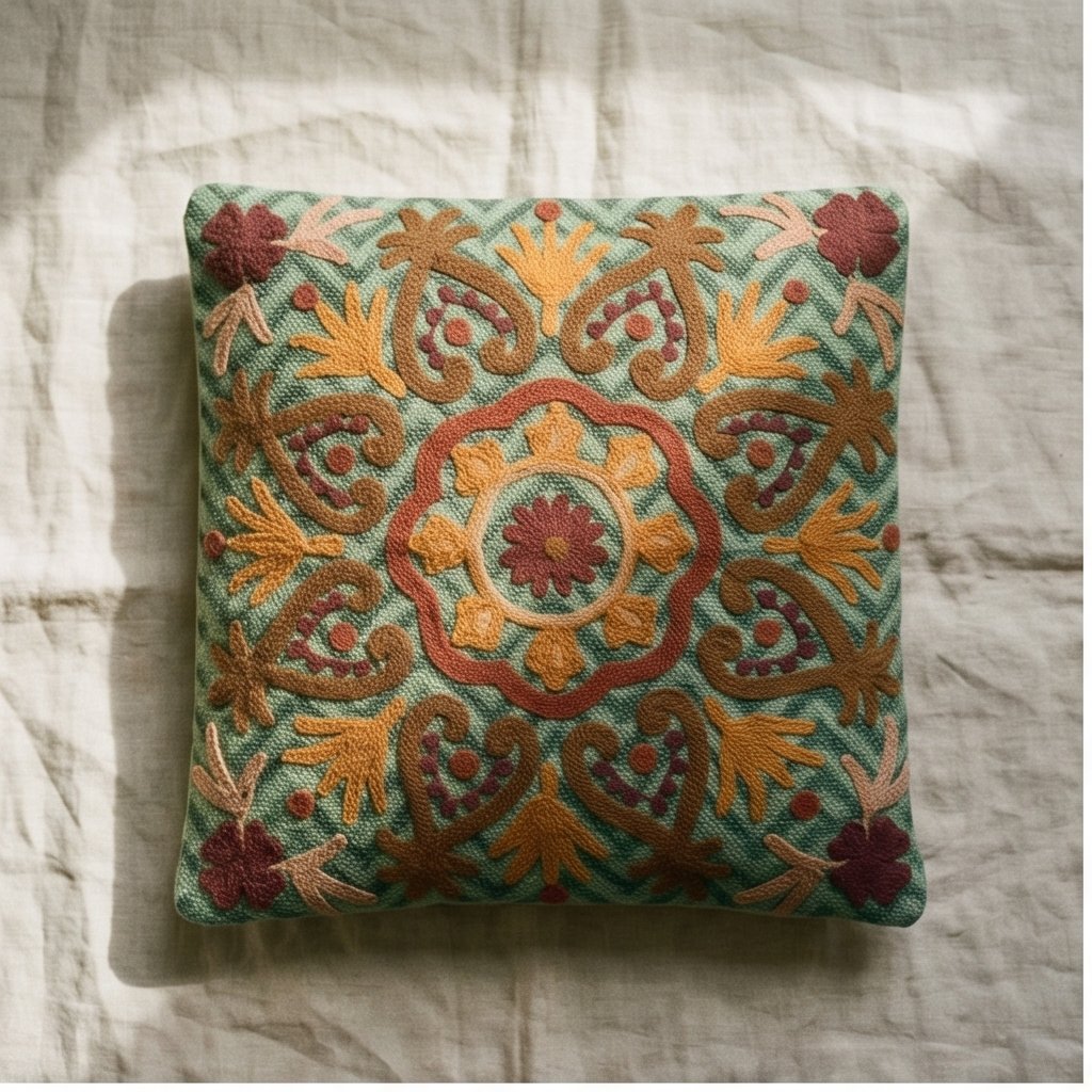Fern Marigold Handmade Embroidered Cushion Cover