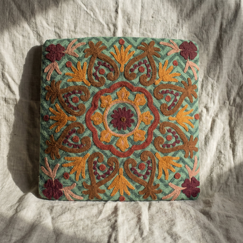 Fern Marigold Handmade Embroidered Cushion Cover