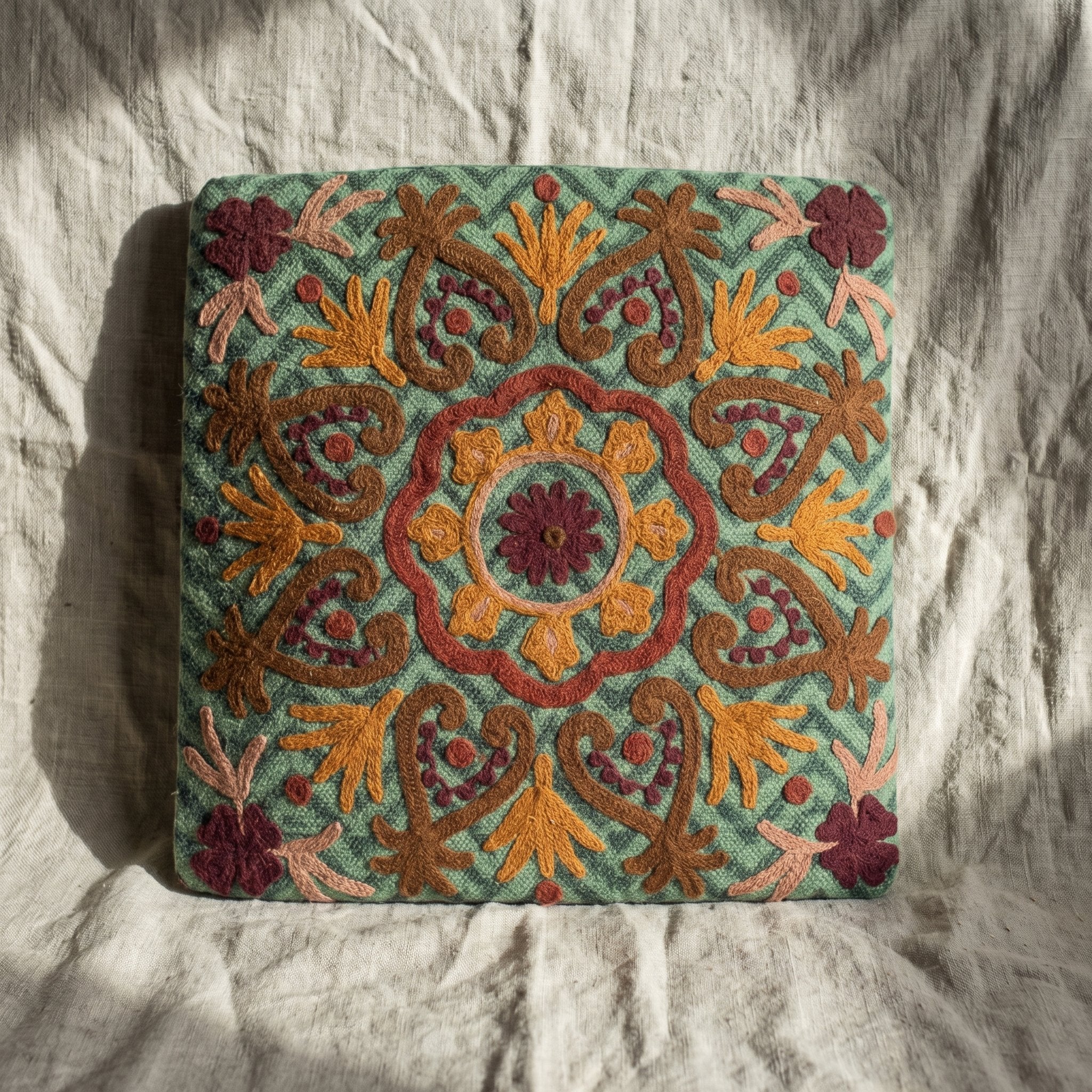 Fern Marigold Handmade Embroidered Cushion Cover