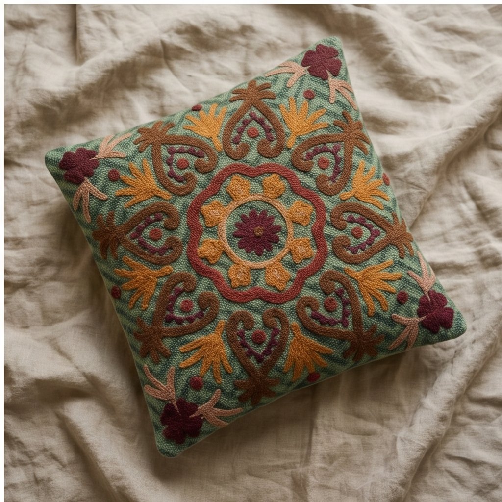 Fern Marigold Handmade Embroidered Cushion Cover