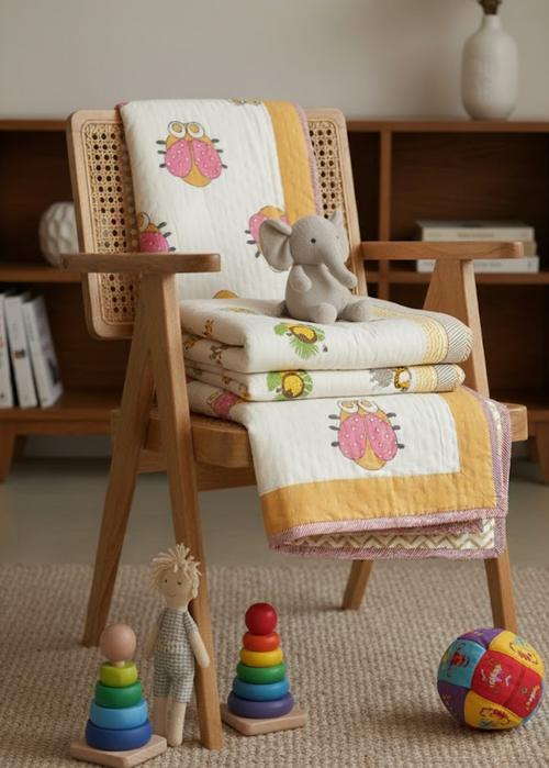 Beautiful Beetles - 100% cotton Hand Made Artisnal Baby Quilt