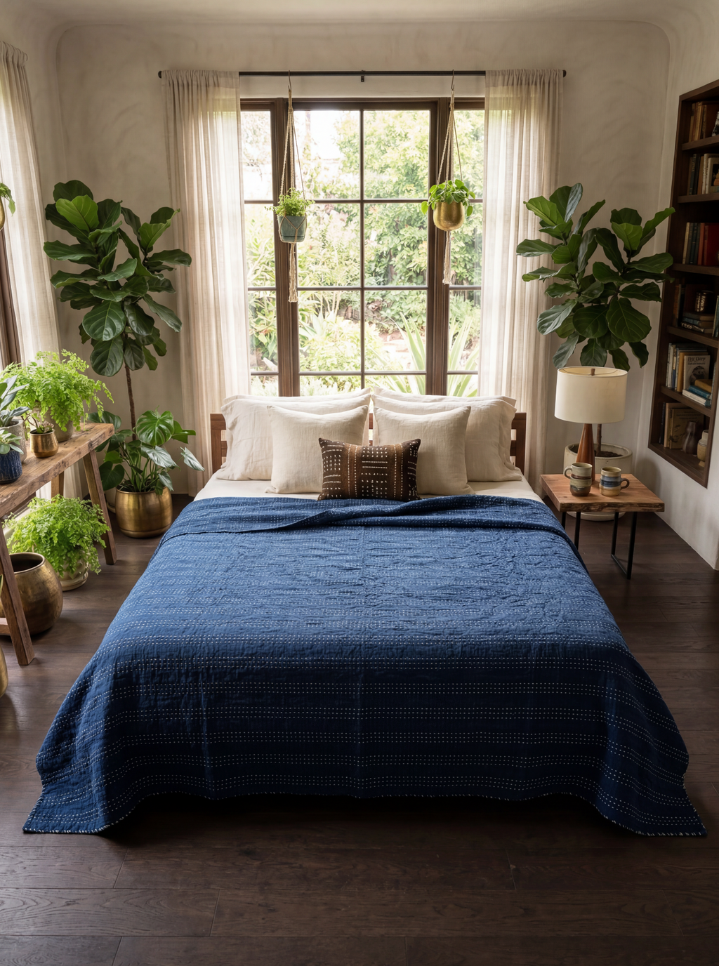 Indigo Patchwork Kantha Queen Bed-spread (Reversible)