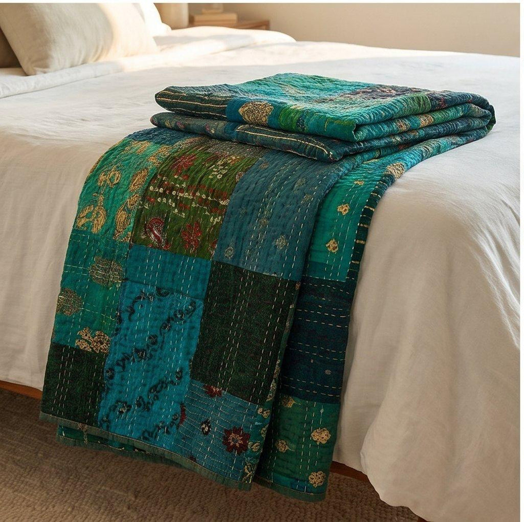 Couvre-lit de luxe Kantha Patola Lagoon Bleu