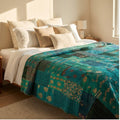 Couvre-lit de luxe Kantha Patola Lagoon Bleu