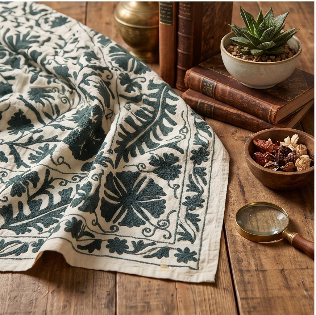 Lingering Lichen Hand-Embroidered Cotton Suzani Throw