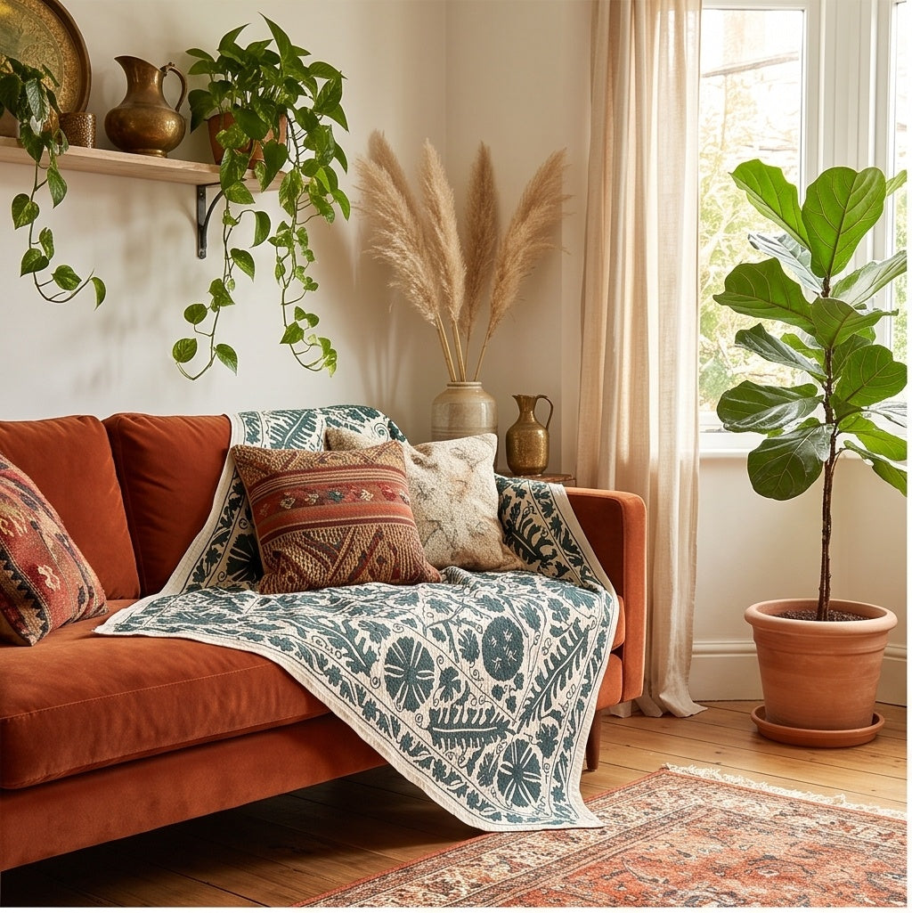 Lingering Lichen Hand-Embroidered Cotton Suzani Throw