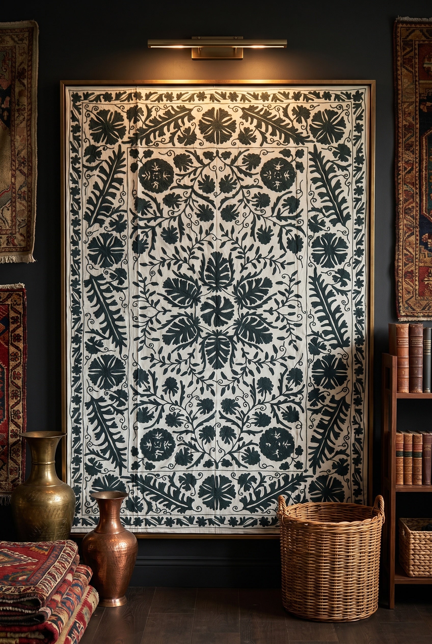 Lingering Lichen Hand-Embroidered Cotton Suzani Throw