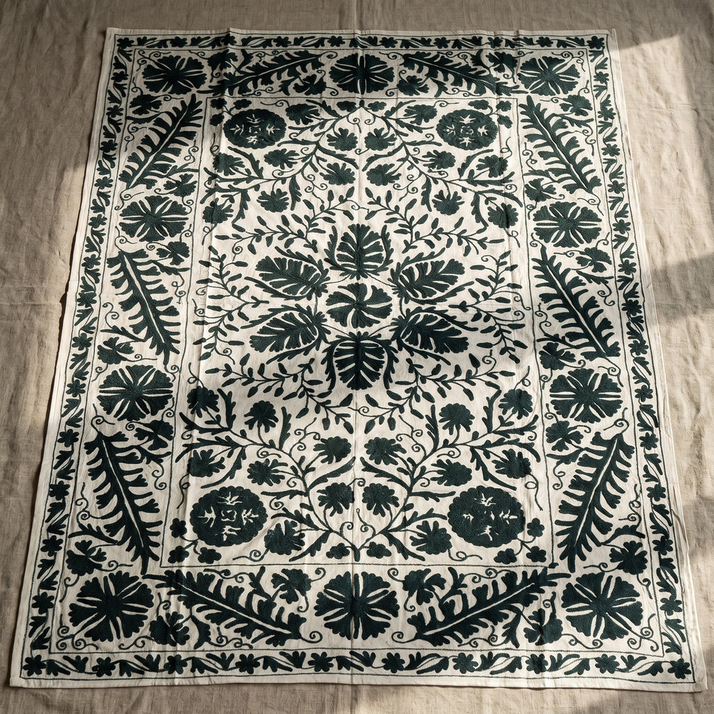 Lingering Lichen Hand-Embroidered Cotton Suzani Throw