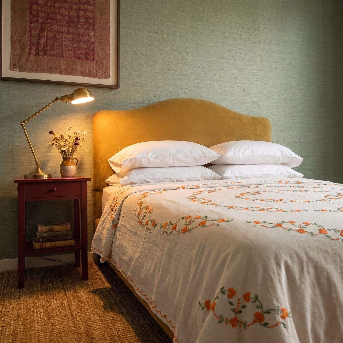 Lush Fern Embroidered Cotton Queen Bedspread