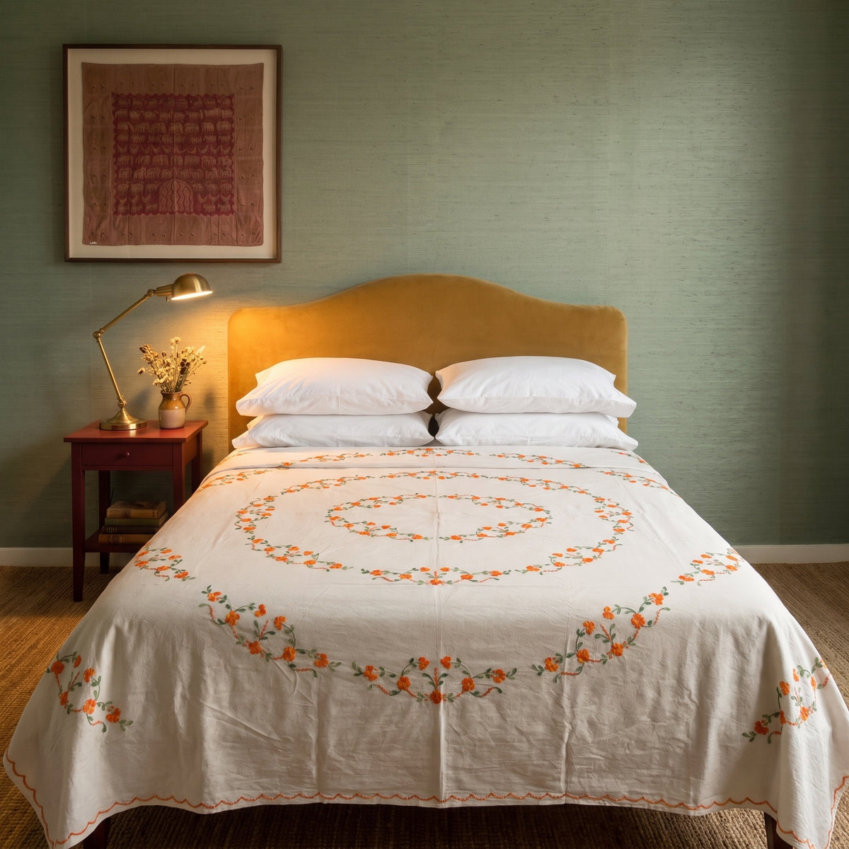 Lush Fern Embroidered Cotton Queen Bedspread