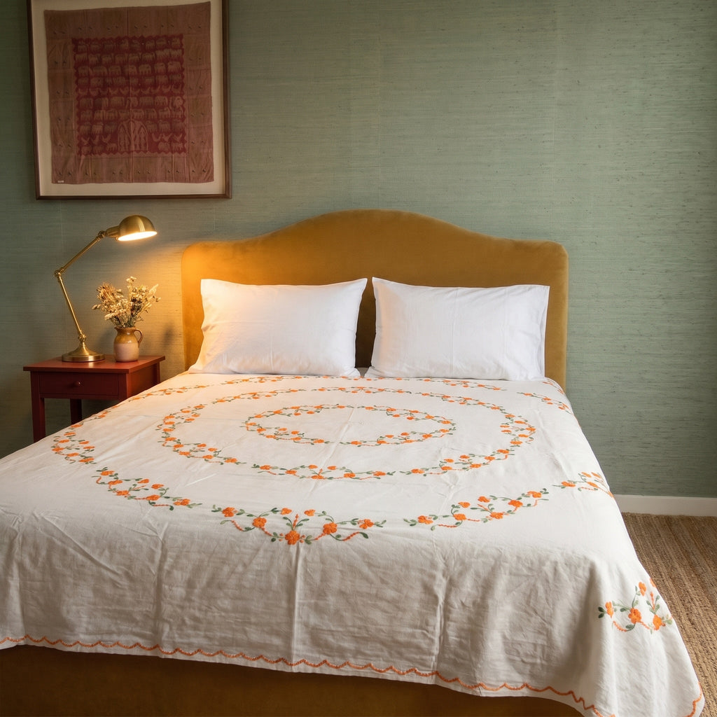 Lush Fern Embroidered Cotton Queen Bedspread