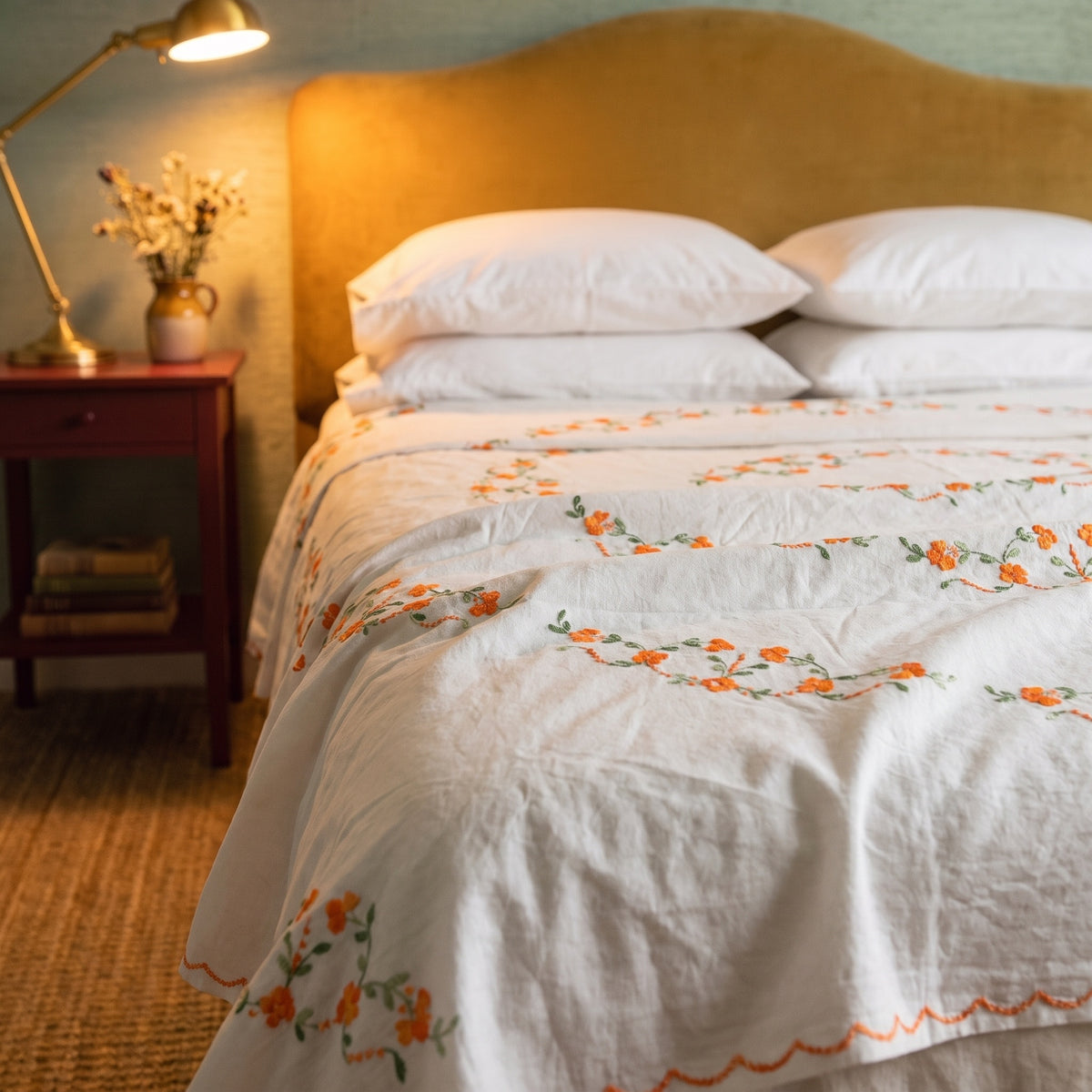 Lush Fern Embroidered Cotton Queen Bedspread