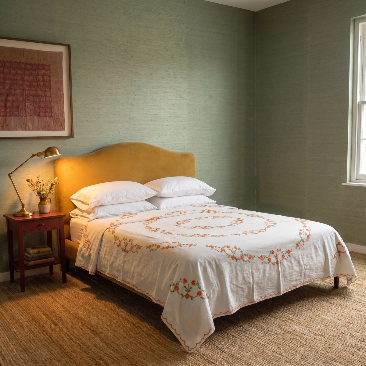 Lush Fern Embroidered Cotton Queen Bedspread