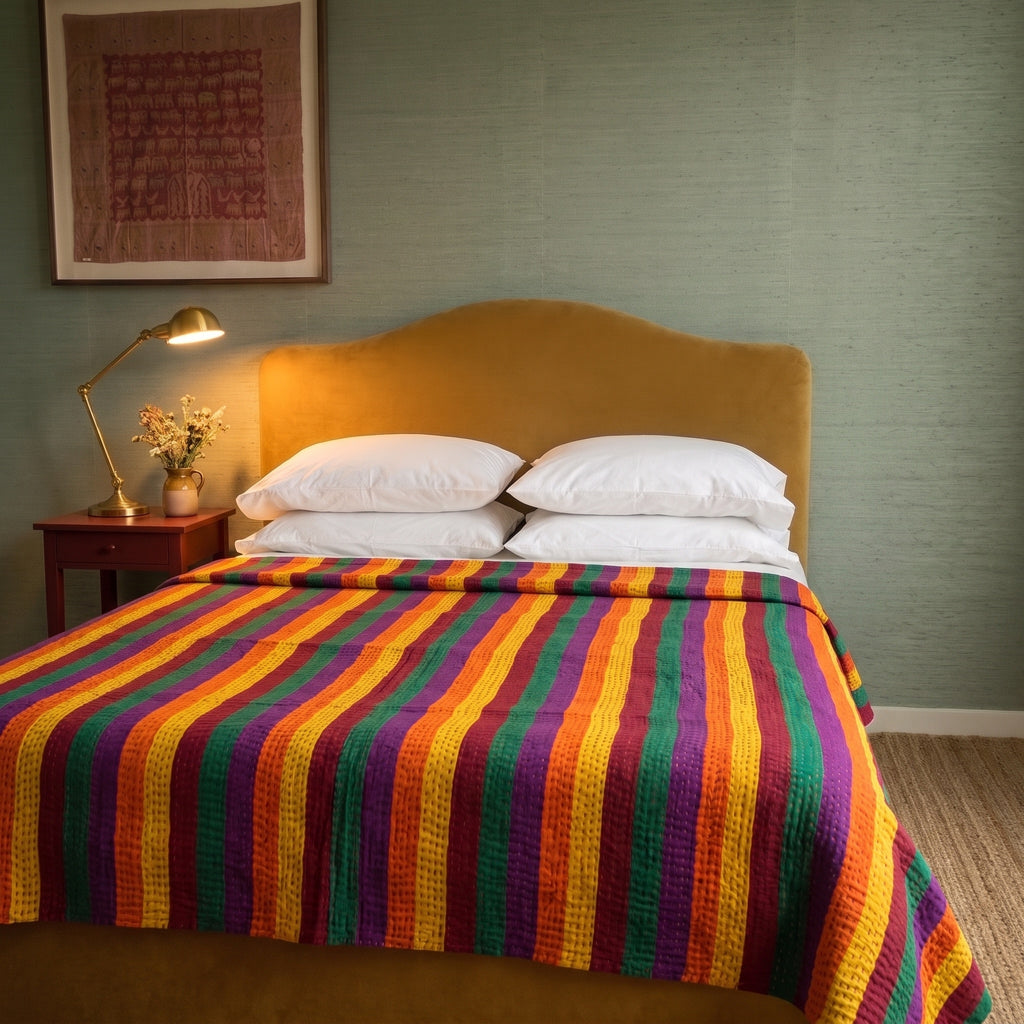 Sky Mist Handmade Kantha Queen Bedspread