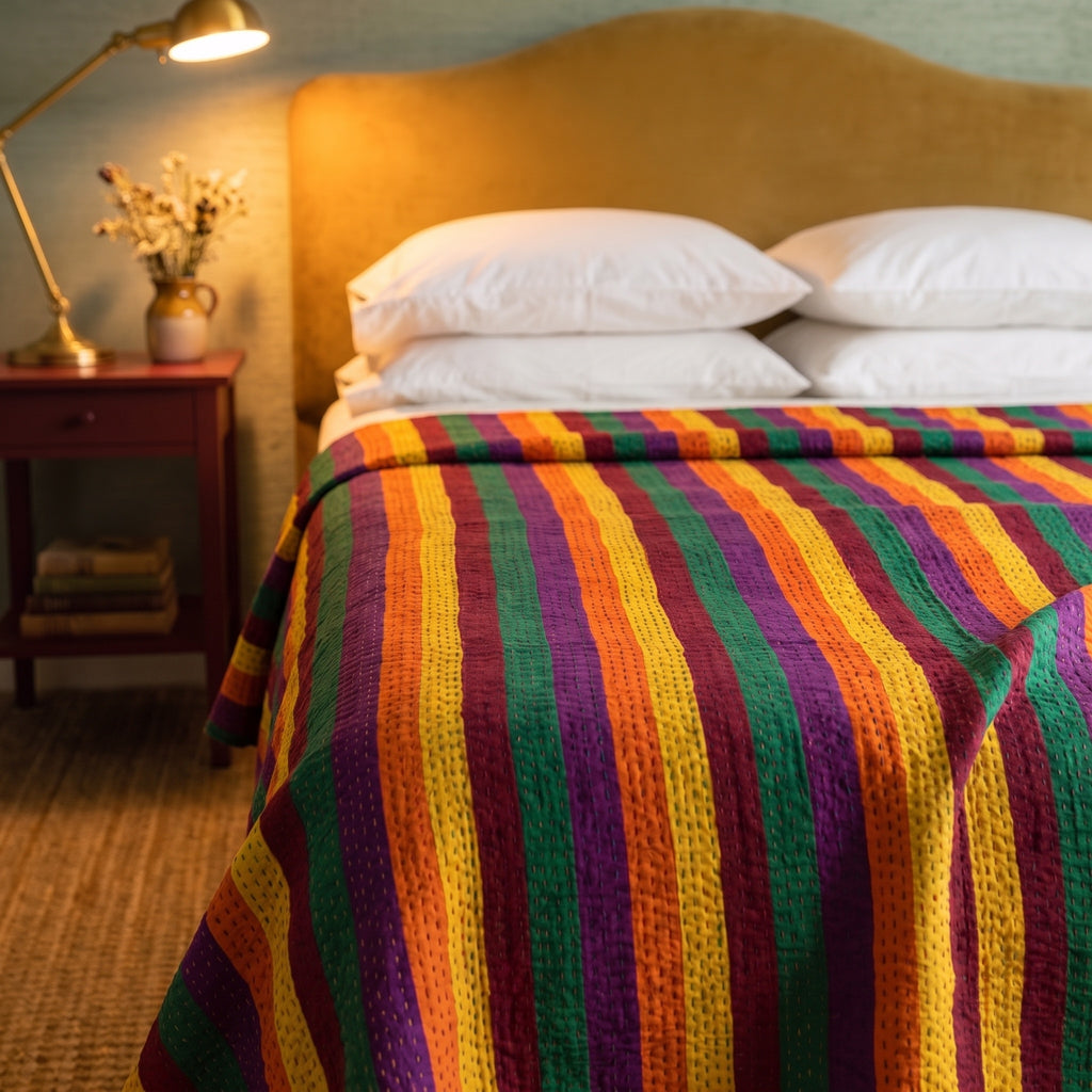 Sky Mist Handmade Kantha Queen Bedspread