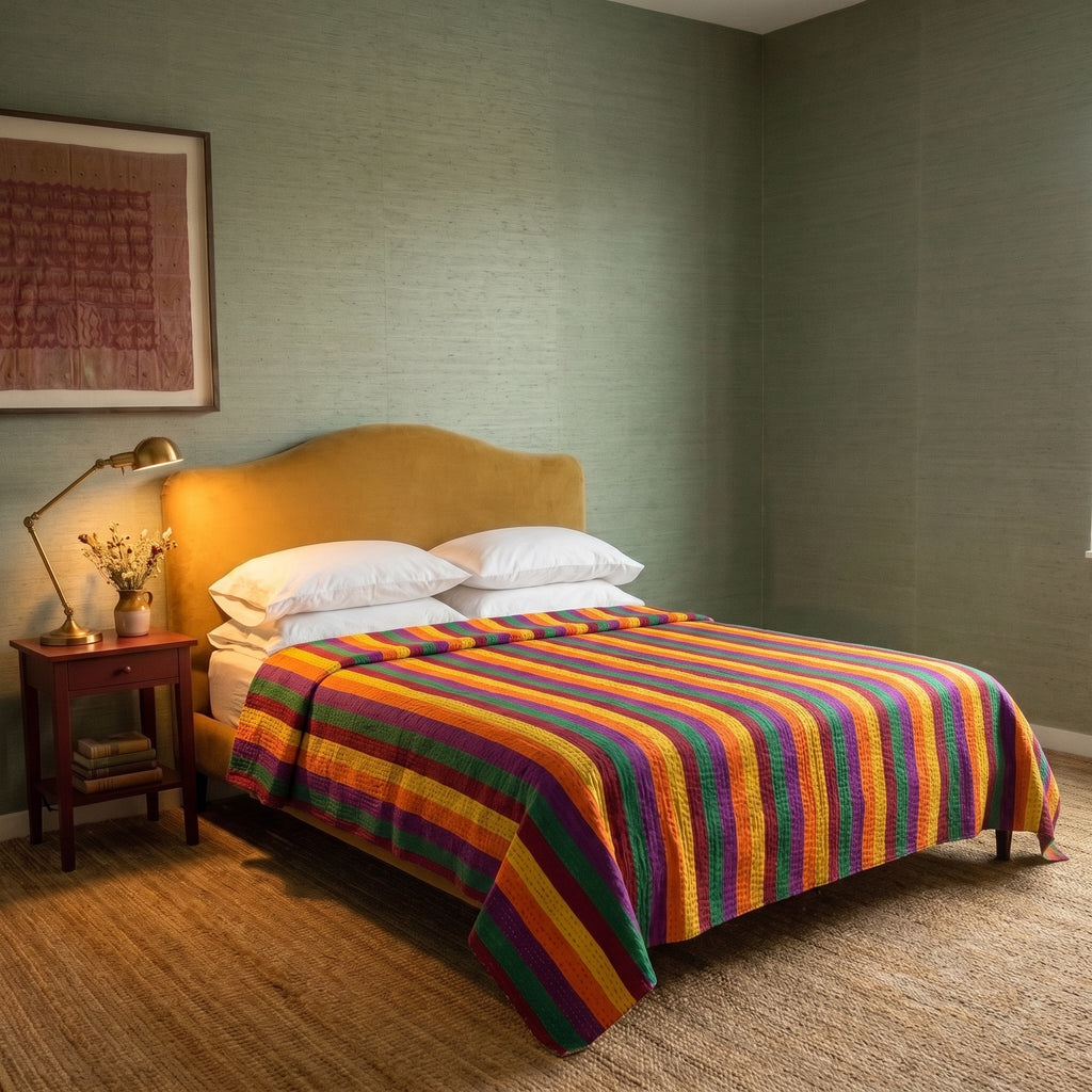 Sky Mist Handmade Kantha Queen Bedspread