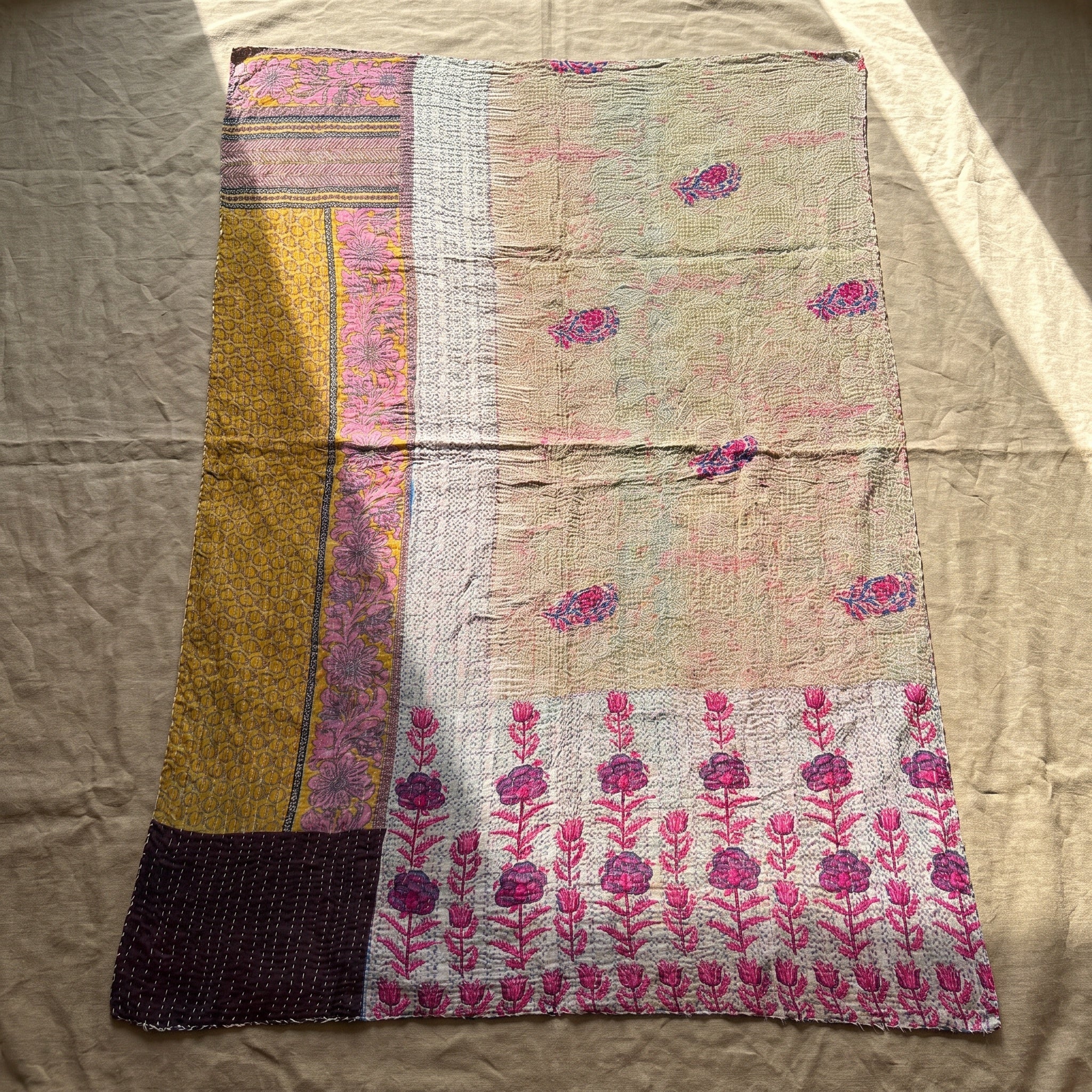 Lotus Haze Vintage Cotton Kantha Throw