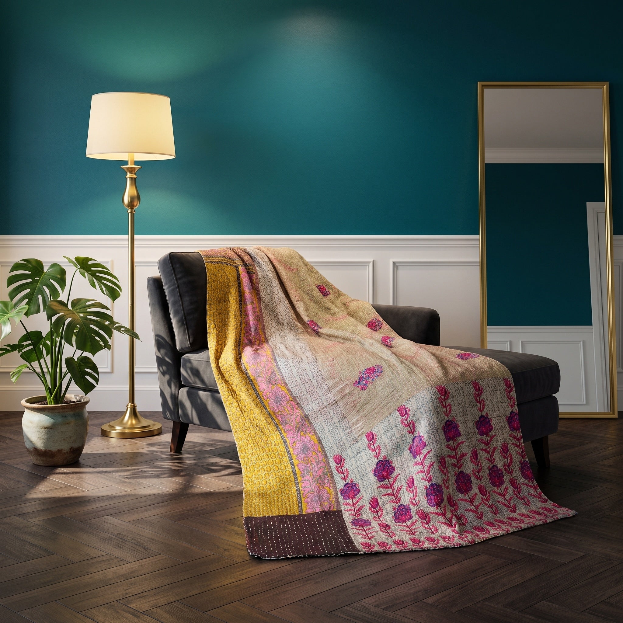 Jeté de lit Lotus Haze en coton Kantha vintage