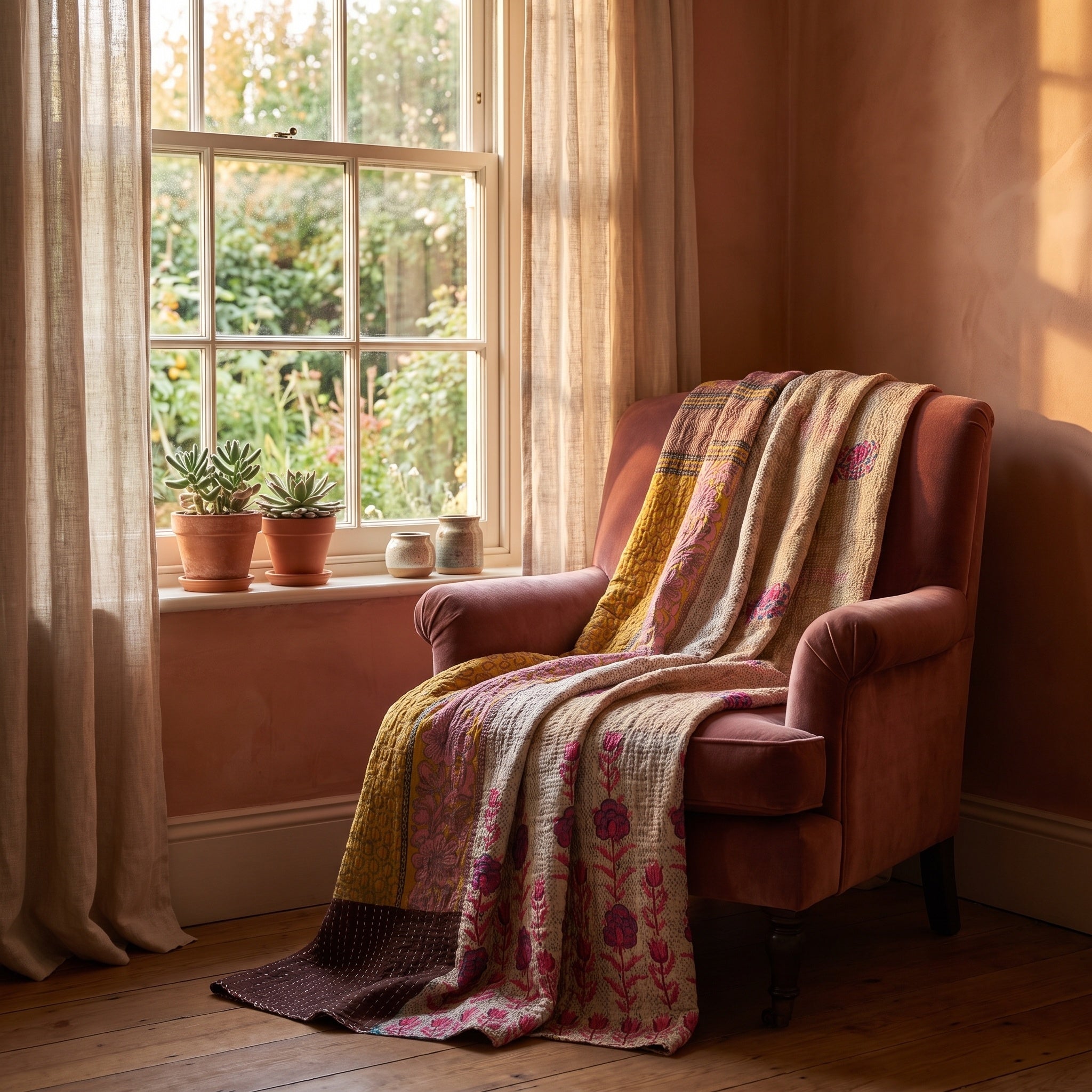 Lotus Haze Vintage Cotton Kantha Throw