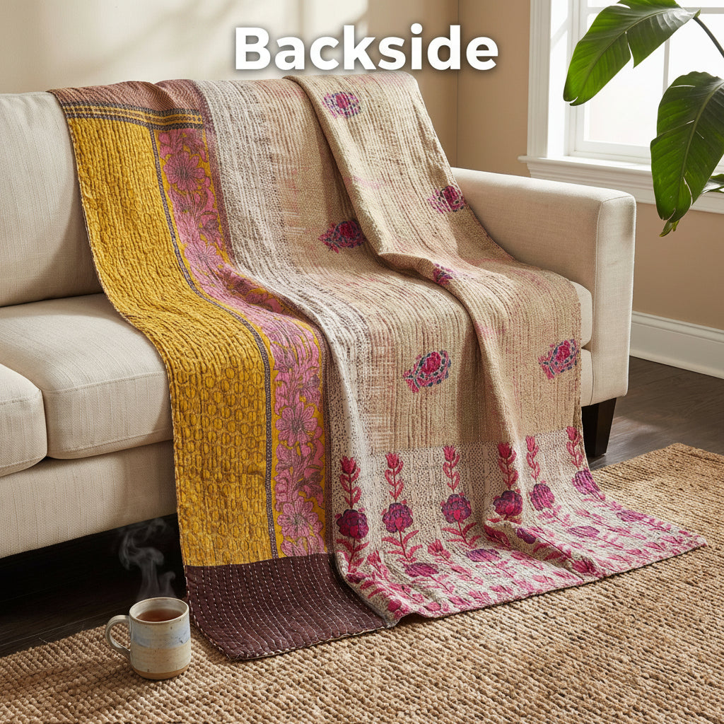 Jeté de lit Lotus Haze en coton Kantha vintage