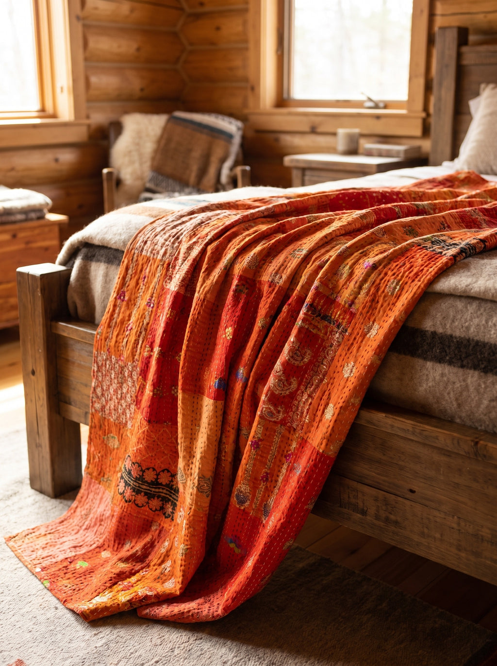 Indigo Dream Handmade Patola Kantha Queen Bedspread