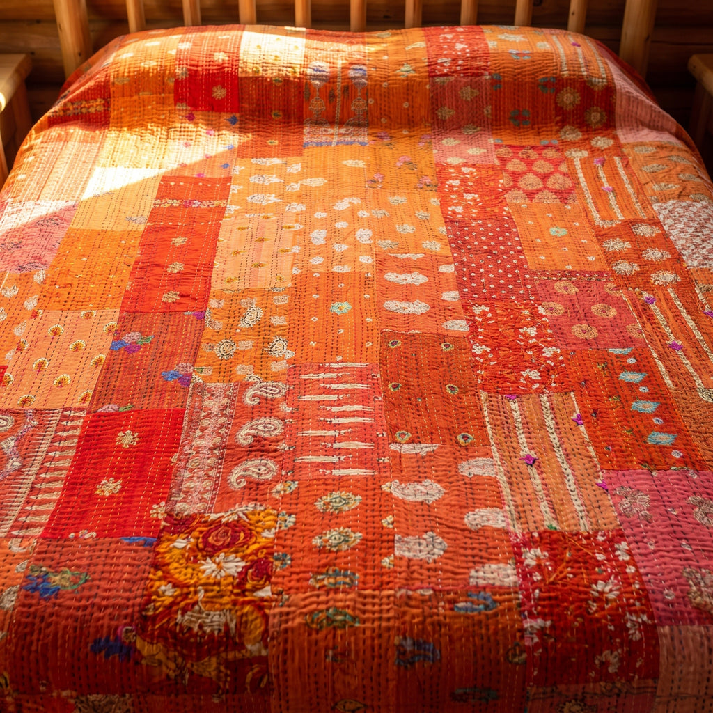 Indigo Dream Handmade Patola Kantha Queen Bedspread