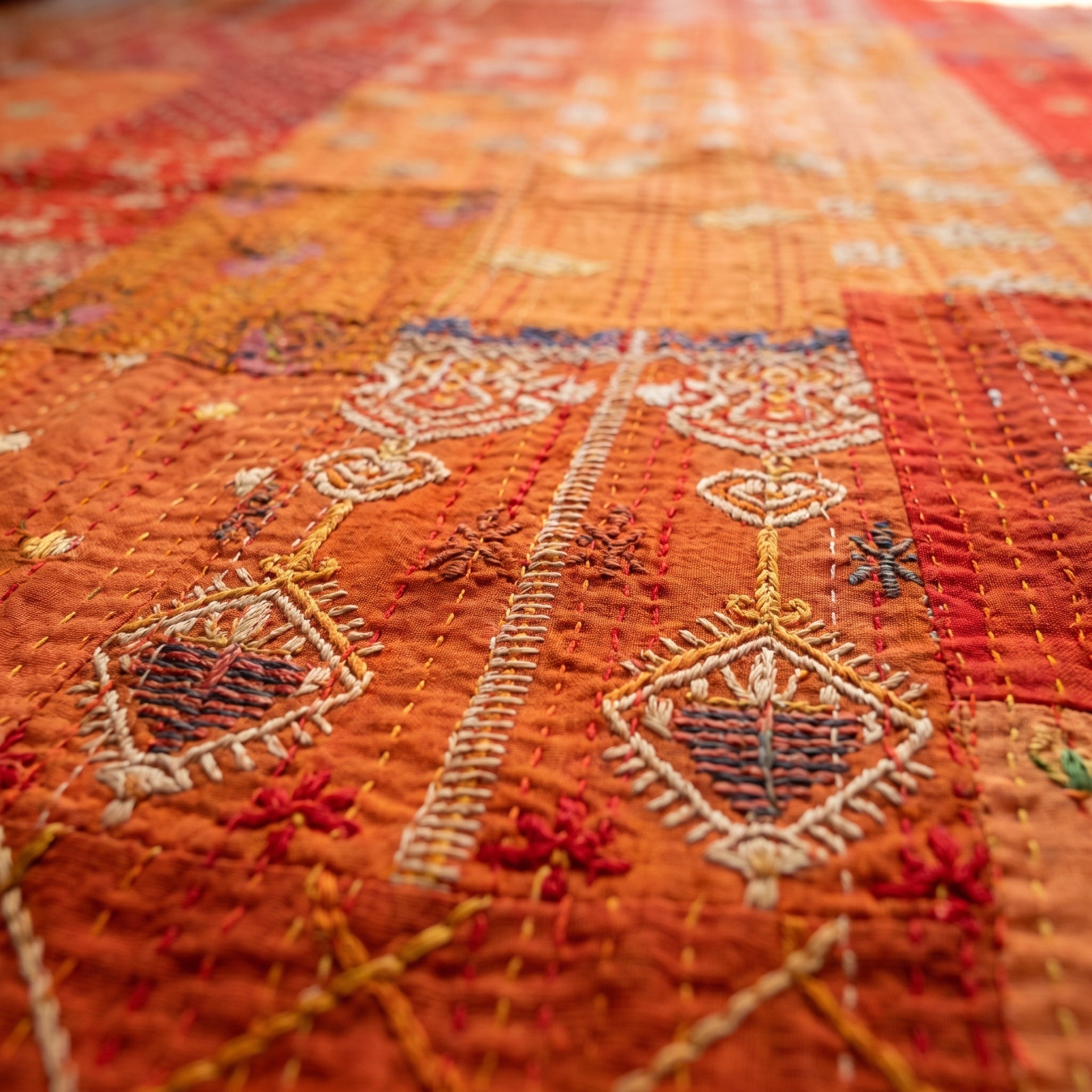 Indigo Dream Handmade Patola Kantha Queen Bedspread