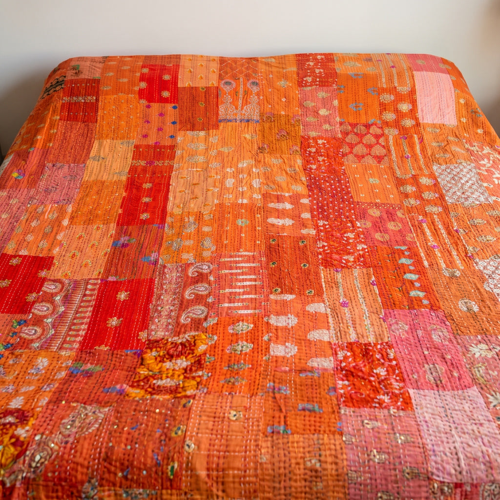 Indigo Dream Handmade Patola Kantha Queen Bedspread
