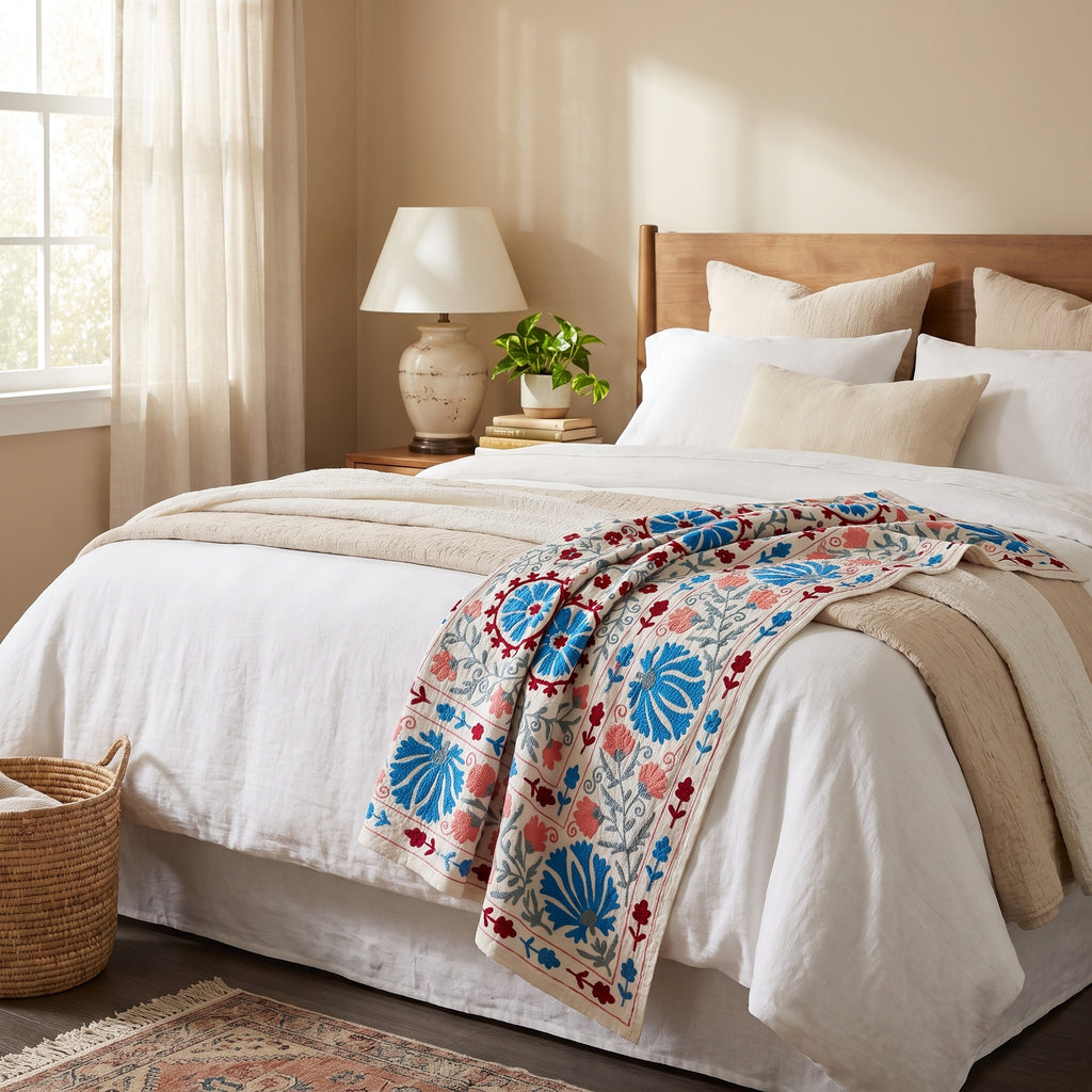 Swaying Sprig Hand-Embroidered Cotton Suzani Throw