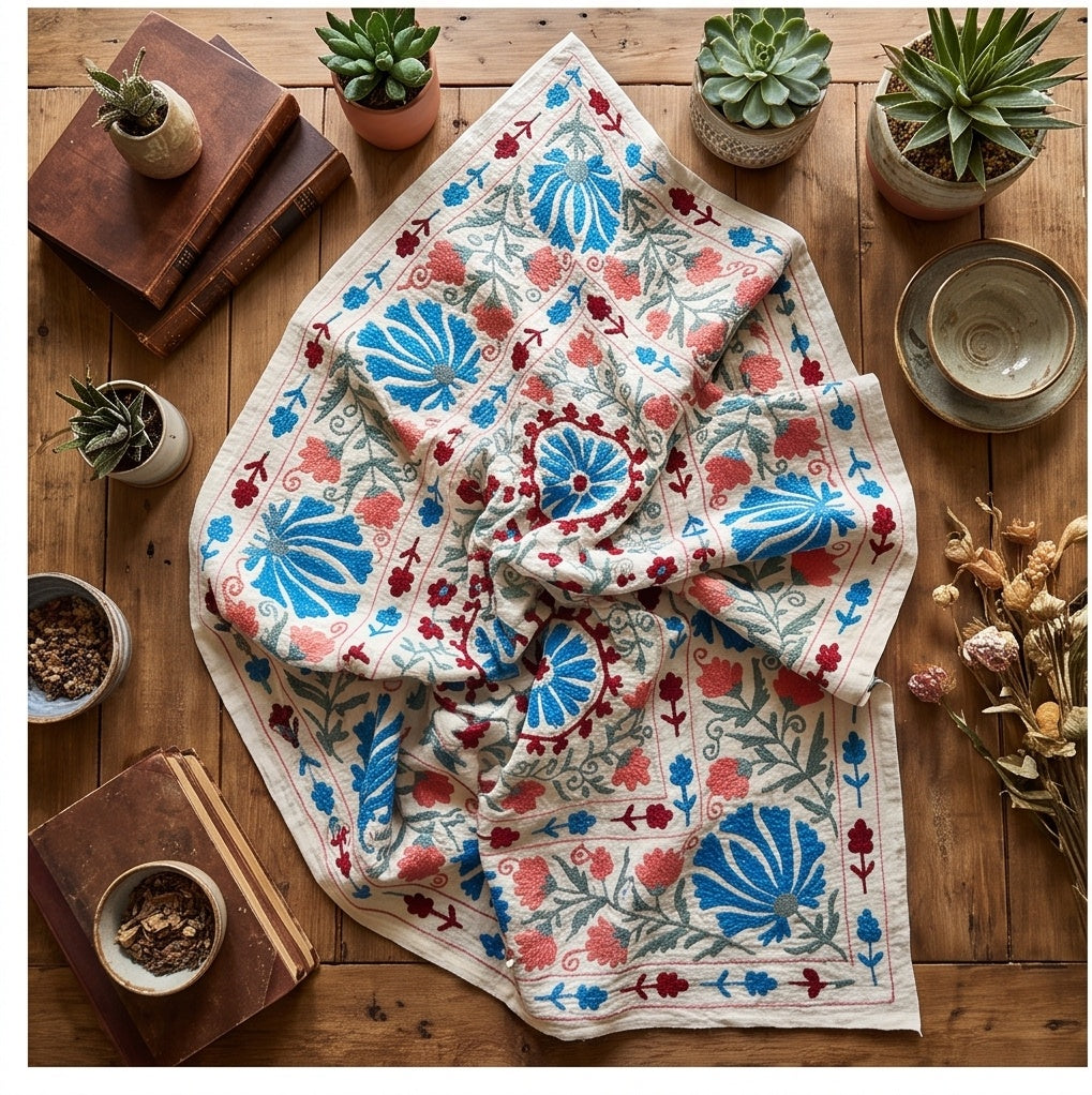 Swaying Sprig Hand-Embroidered Cotton Suzani Throw