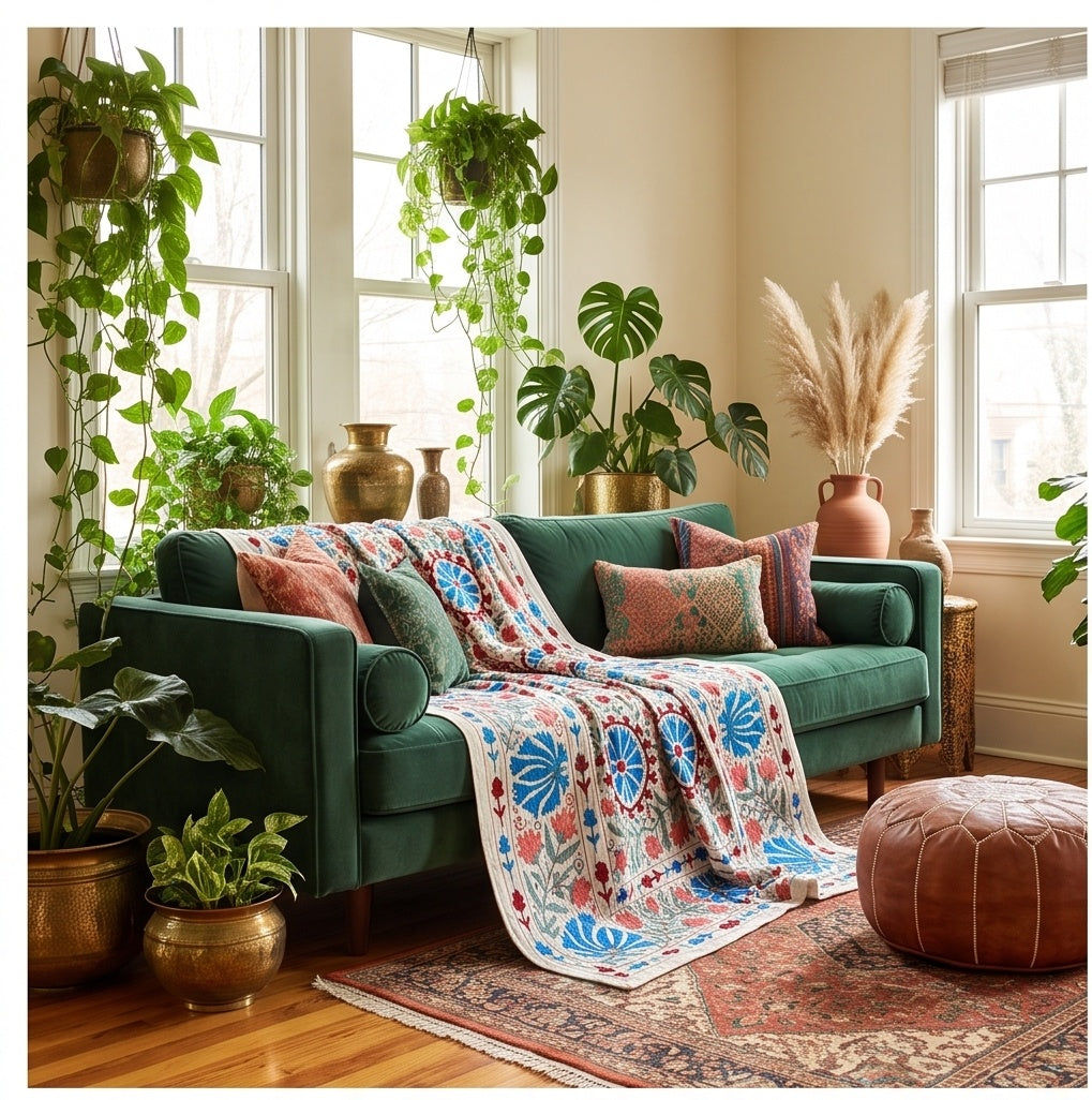 Swaying Sprig Hand-Embroidered Cotton Suzani Throw
