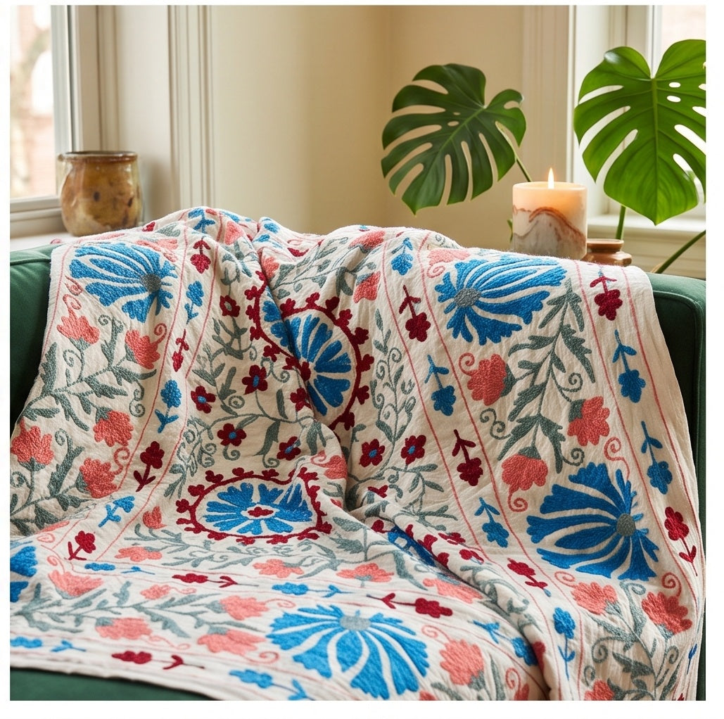 Swaying Sprig Hand-Embroidered Cotton Suzani Throw