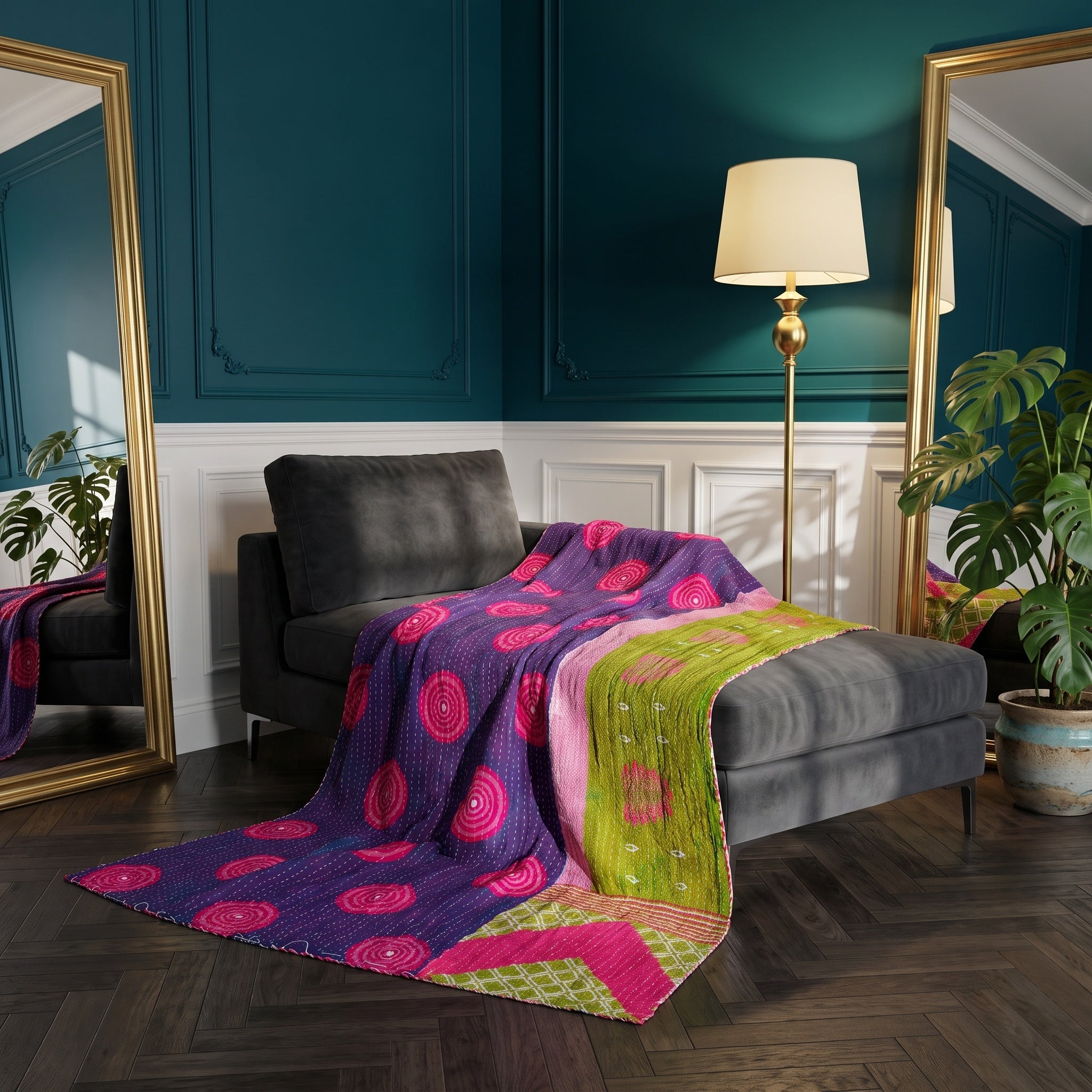 Jeté de lit en coton Kantha Nomad Stone Vintage