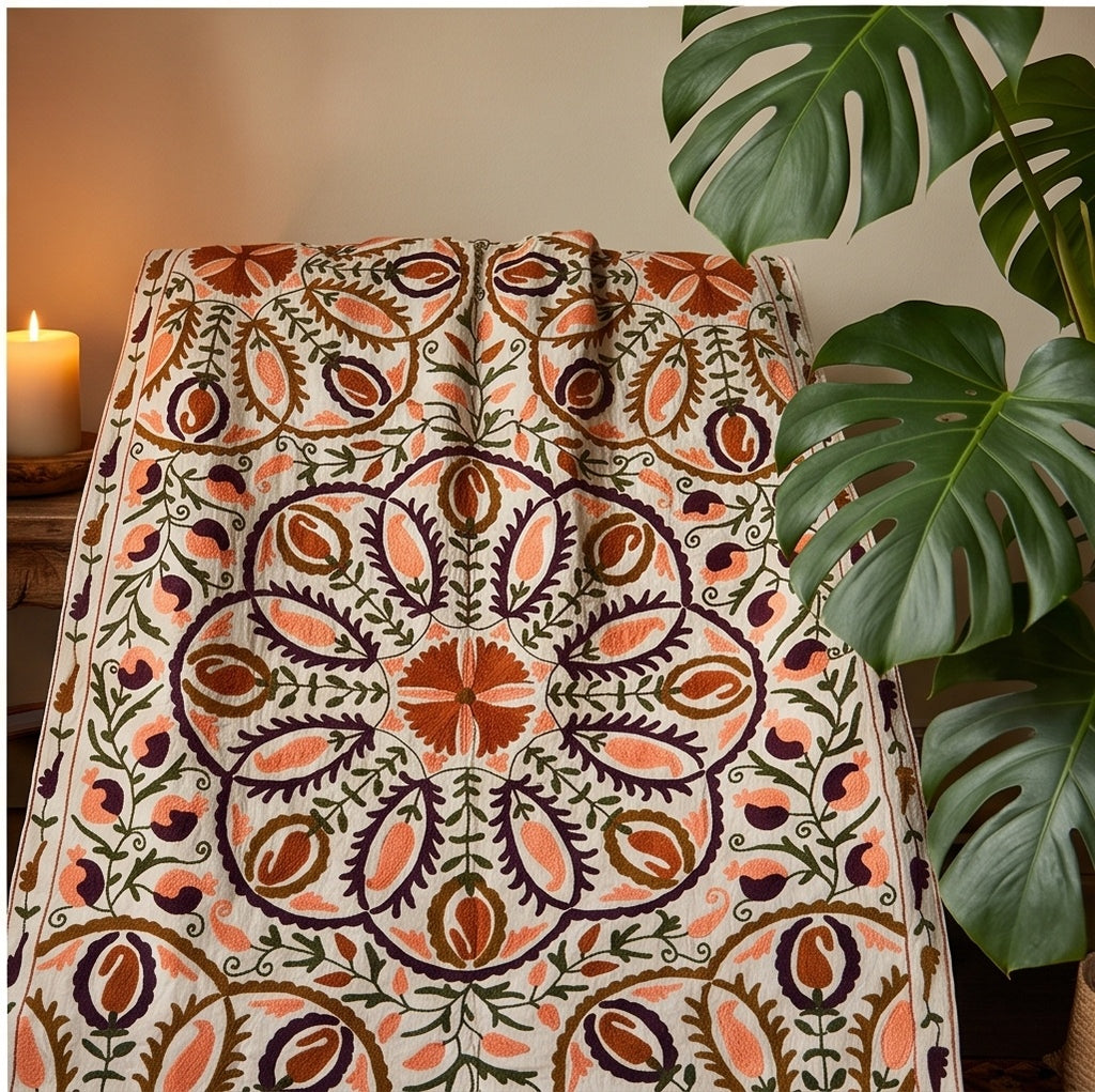 Drifting Dusk Hand-Embroidered Velvet Suzani Throw