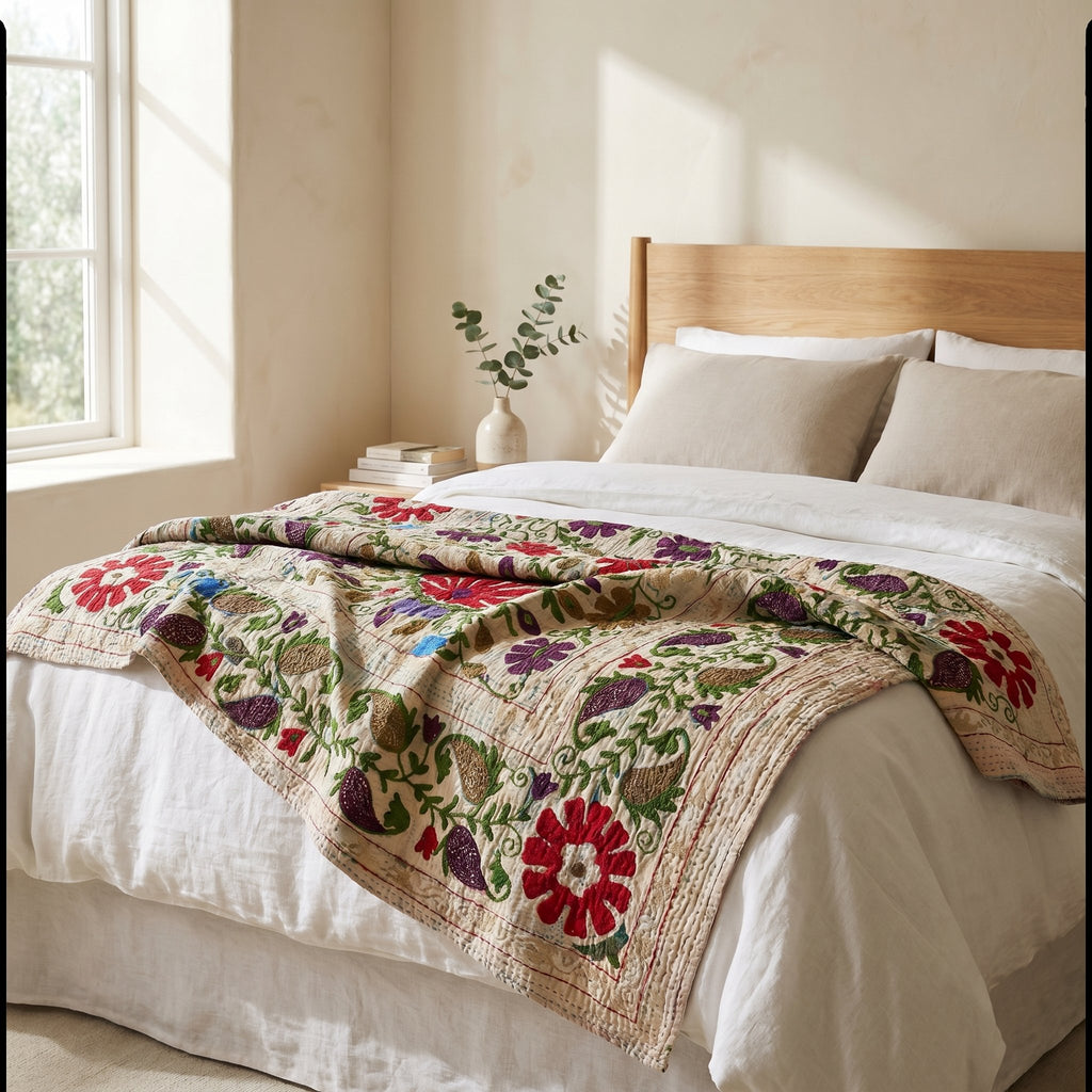 Lush Bloom Luxury Vintage Suzani Kantha Throw