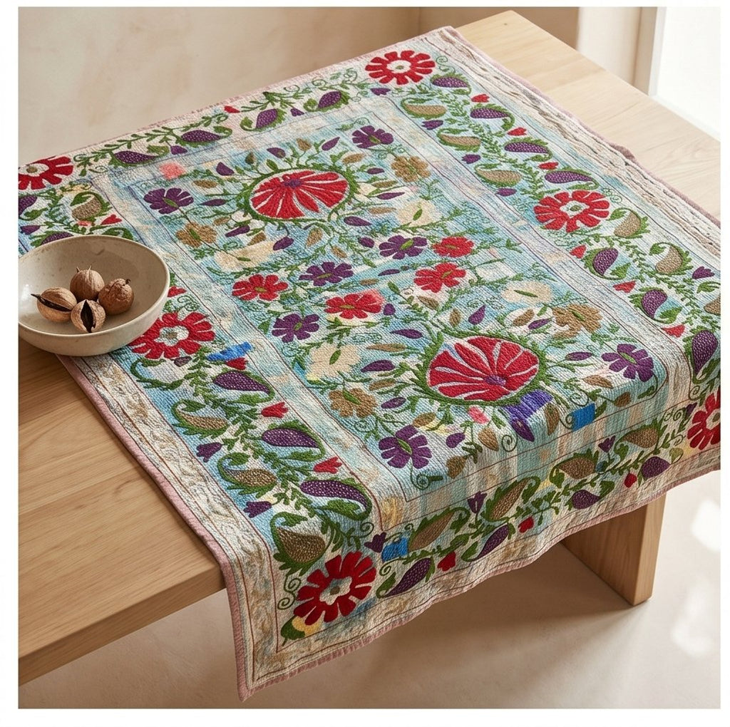 Lush Bloom Luxury Vintage Suzani Kantha Throw