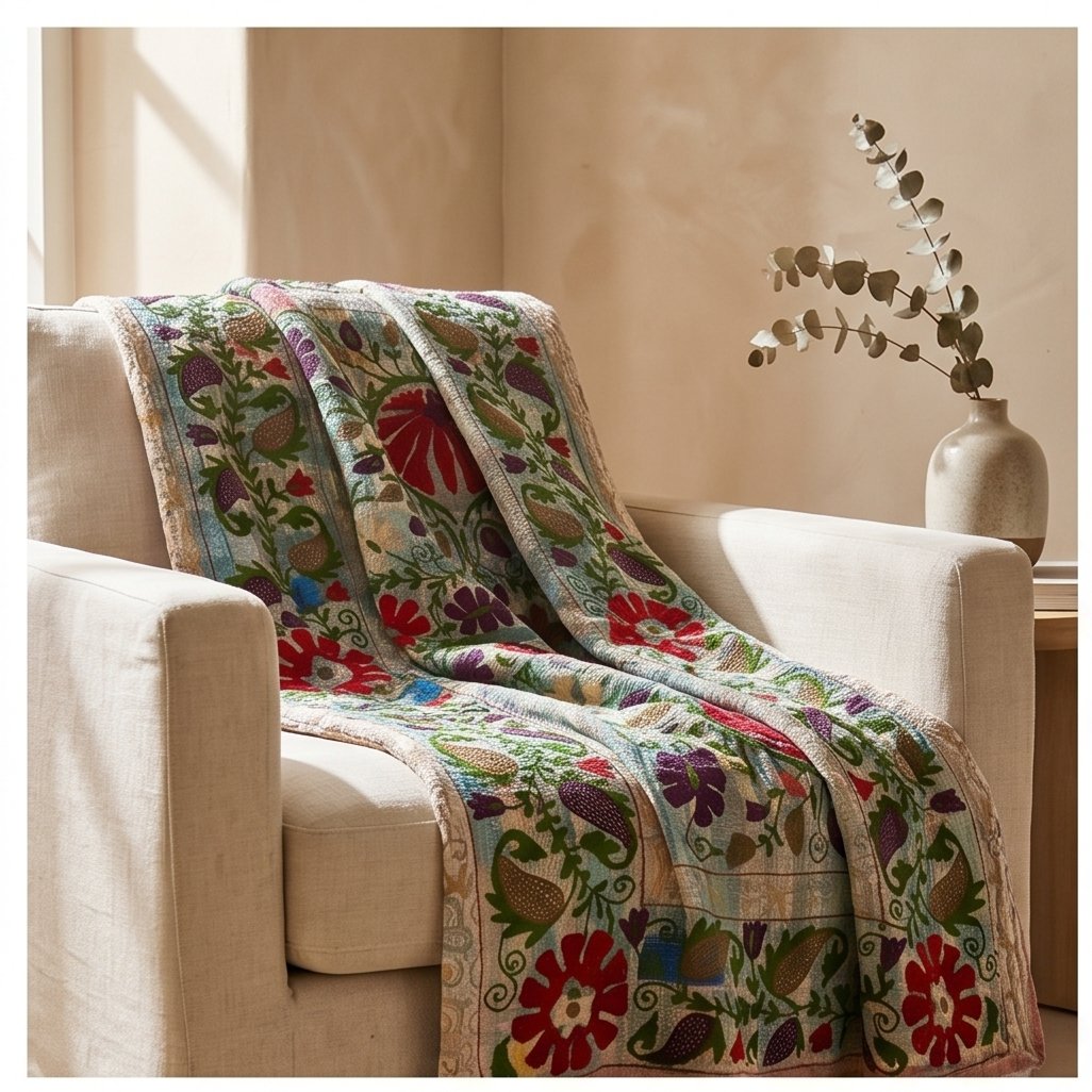 Lush Bloom Luxury Vintage Suzani Kantha Throw