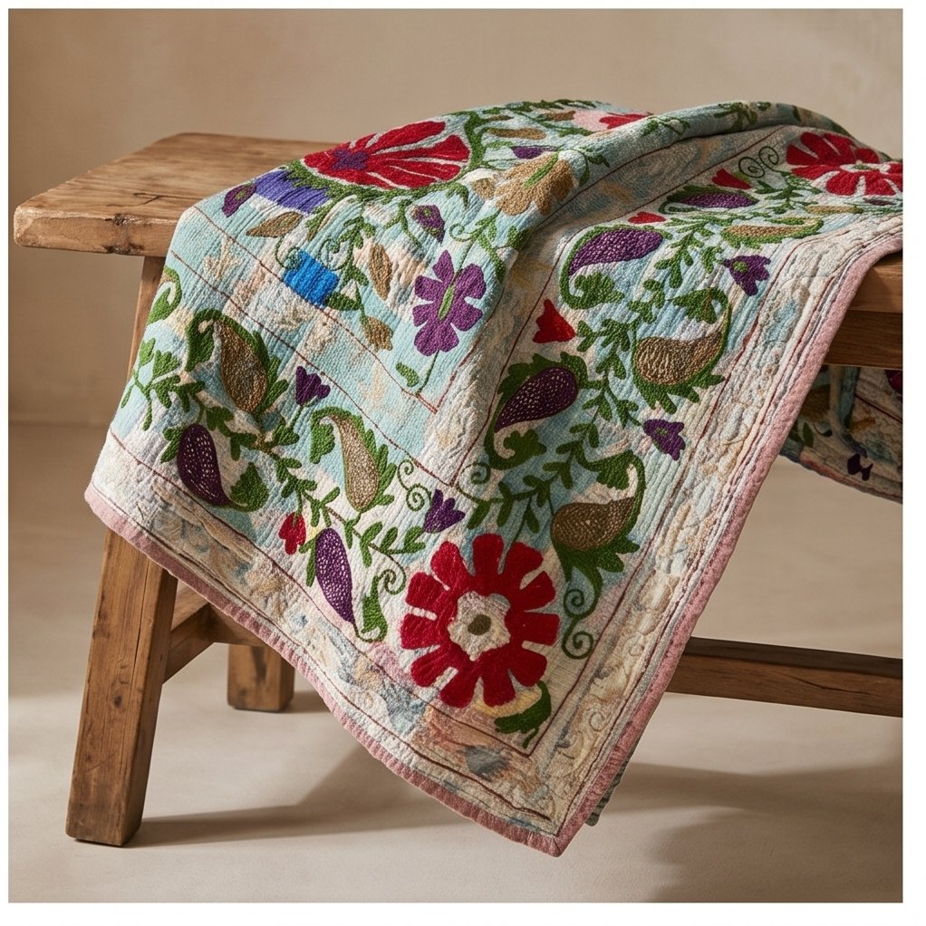 Lush Bloom Luxury Vintage Suzani Kantha Throw