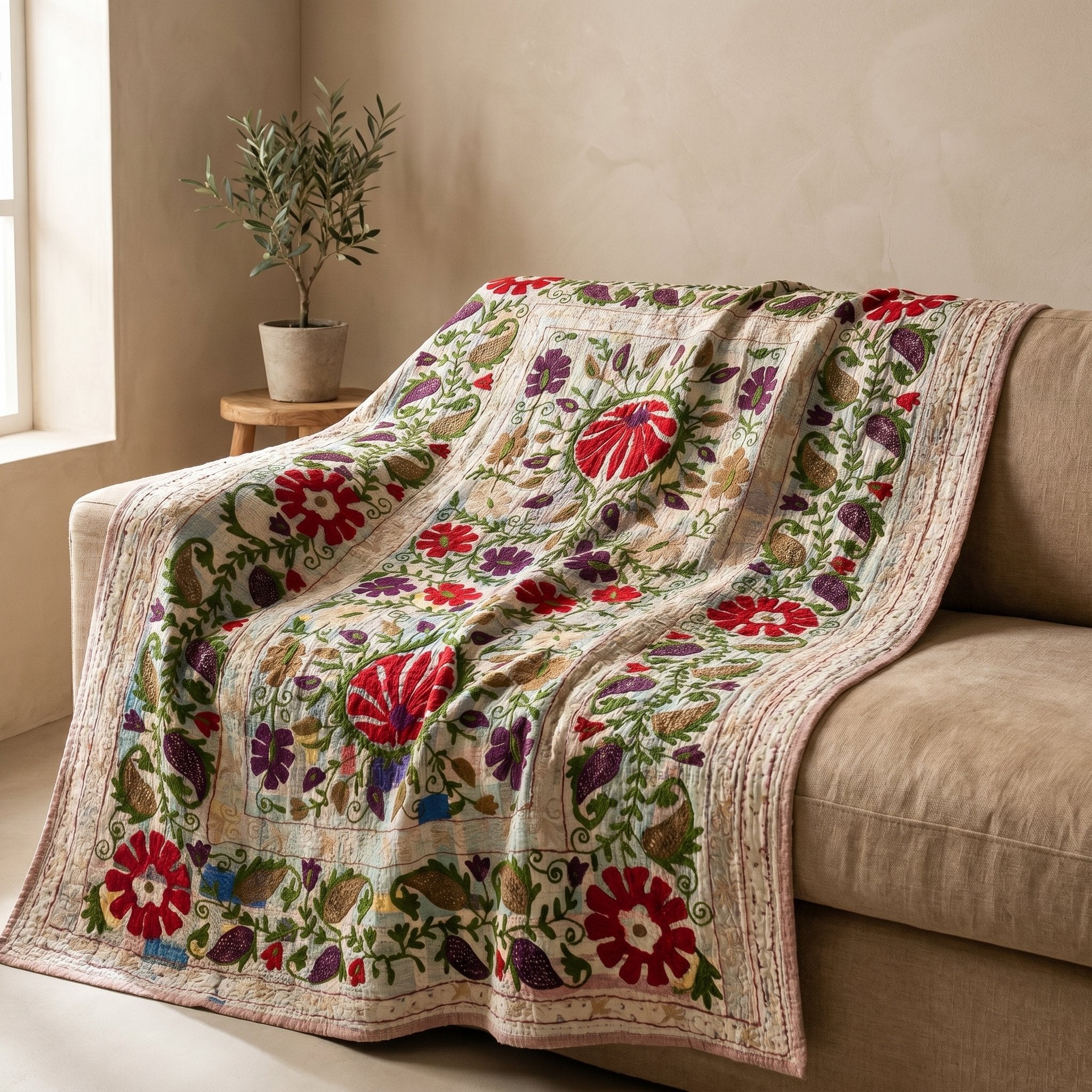 Lush Bloom Luxury Vintage Suzani Kantha Throw