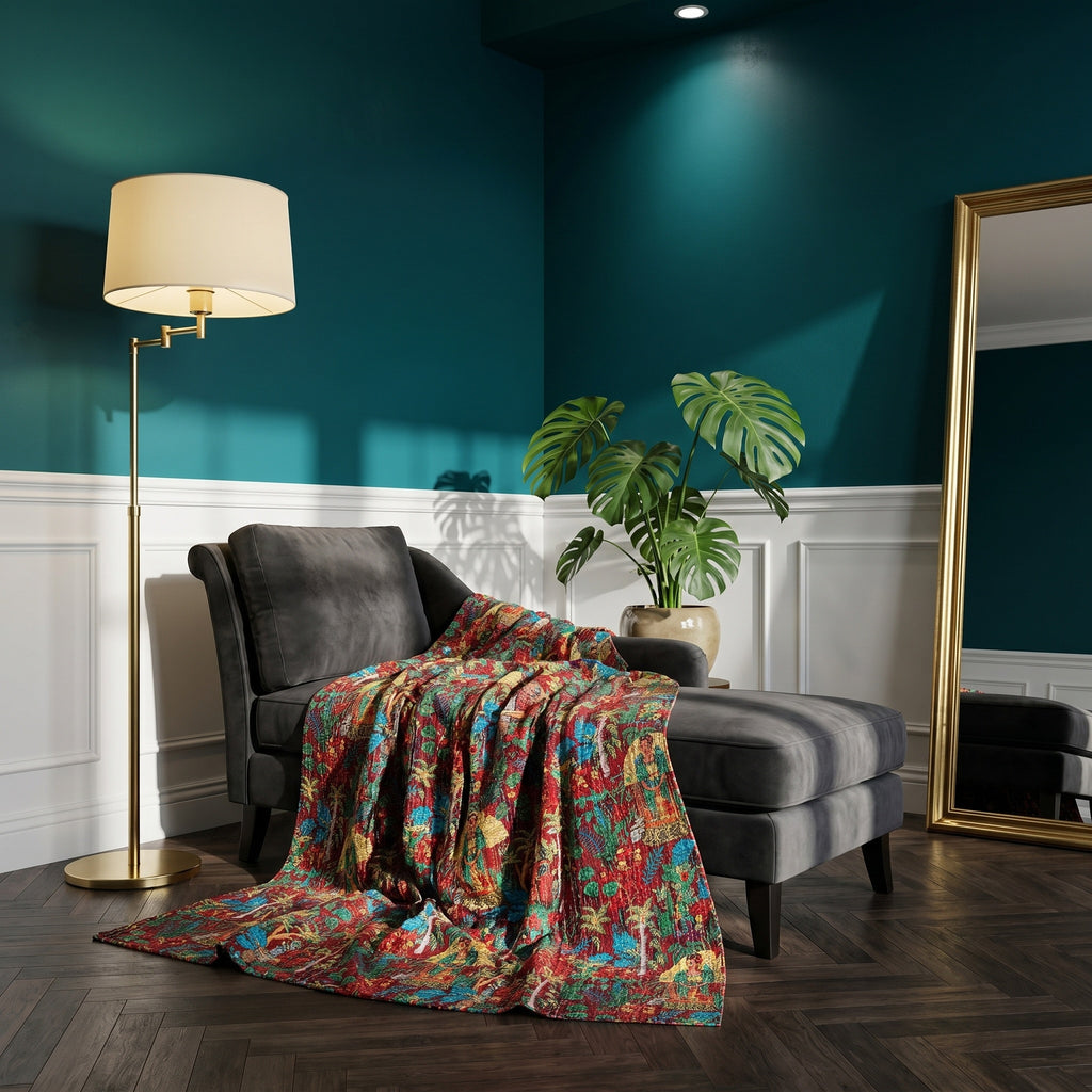 Amber Lotus Cotton Reversible Kantha Throw