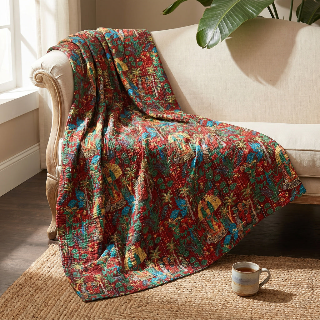 Amber Lotus Cotton Reversible Kantha Throw