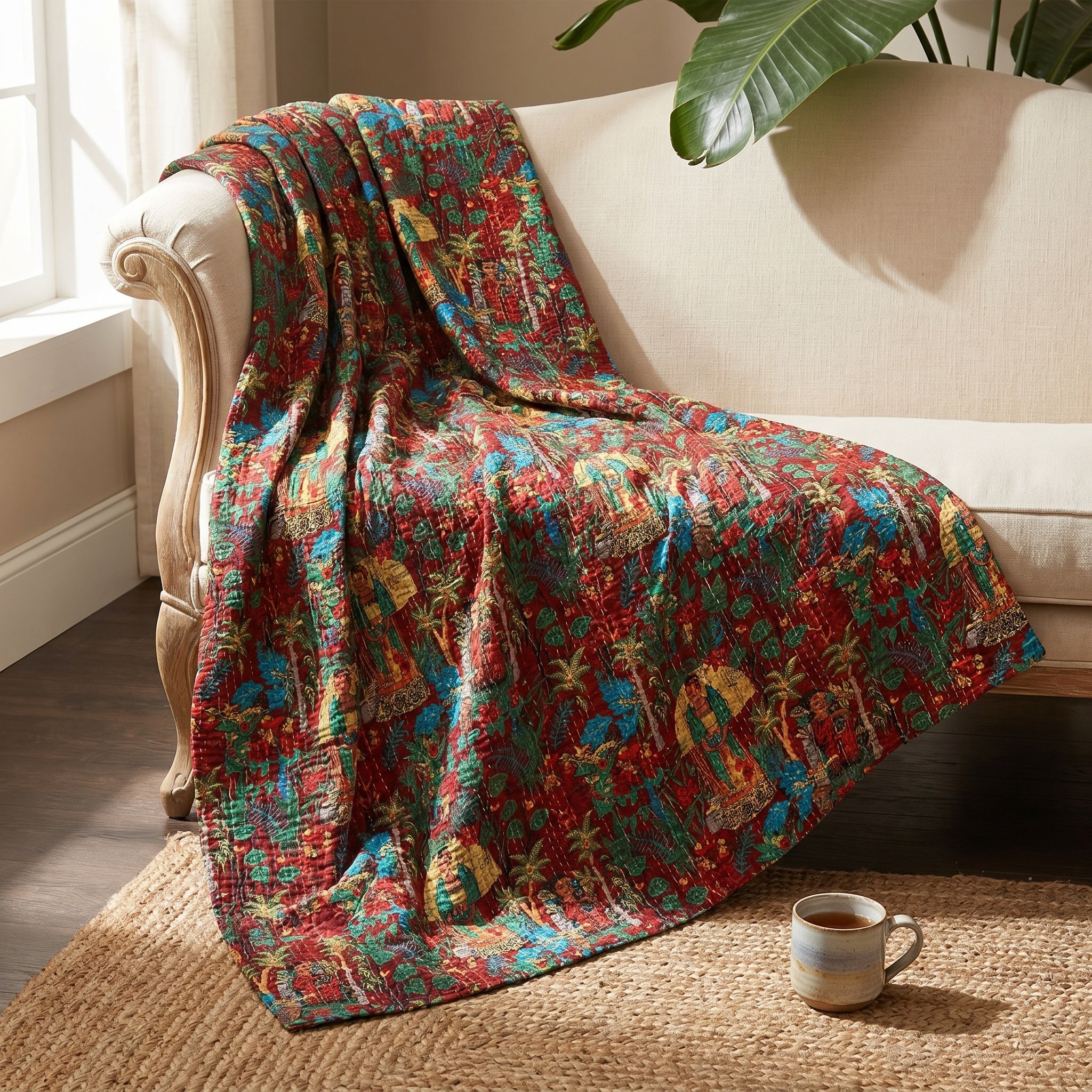 Amber Lotus Cotton Reversible Kantha Throw