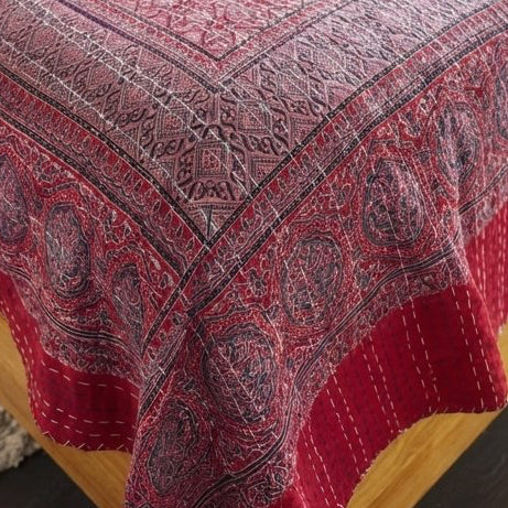 Indigo Mist Handmade Kantha Ajrak Queen Bedspread
