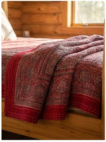 Indigo Mist Handmade Kantha Ajrak Queen Bedspread