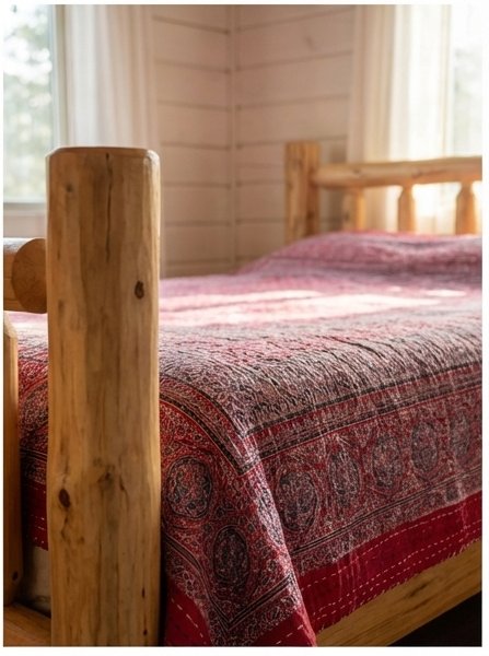 Indigo Mist Handmade Kantha Ajrak Queen Bedspread