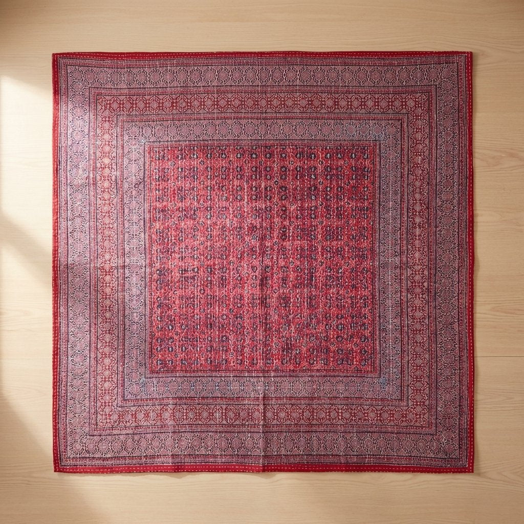 Indigo Mist Handmade Kantha Ajrak Queen Bedspread