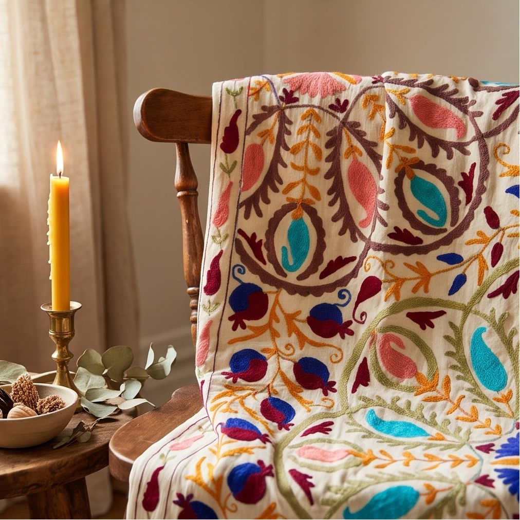 Tumbling Thicket Hand-Embroidered Velvet Suzani Throw