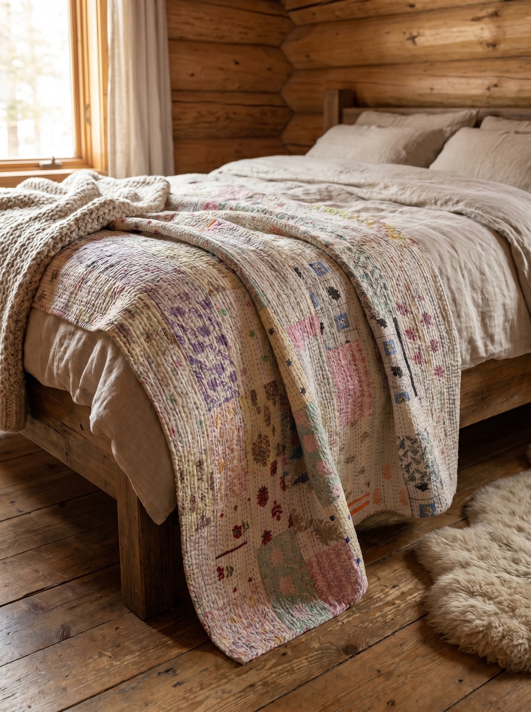 Fern Marigold Handmade Patola Kantha Bedspread