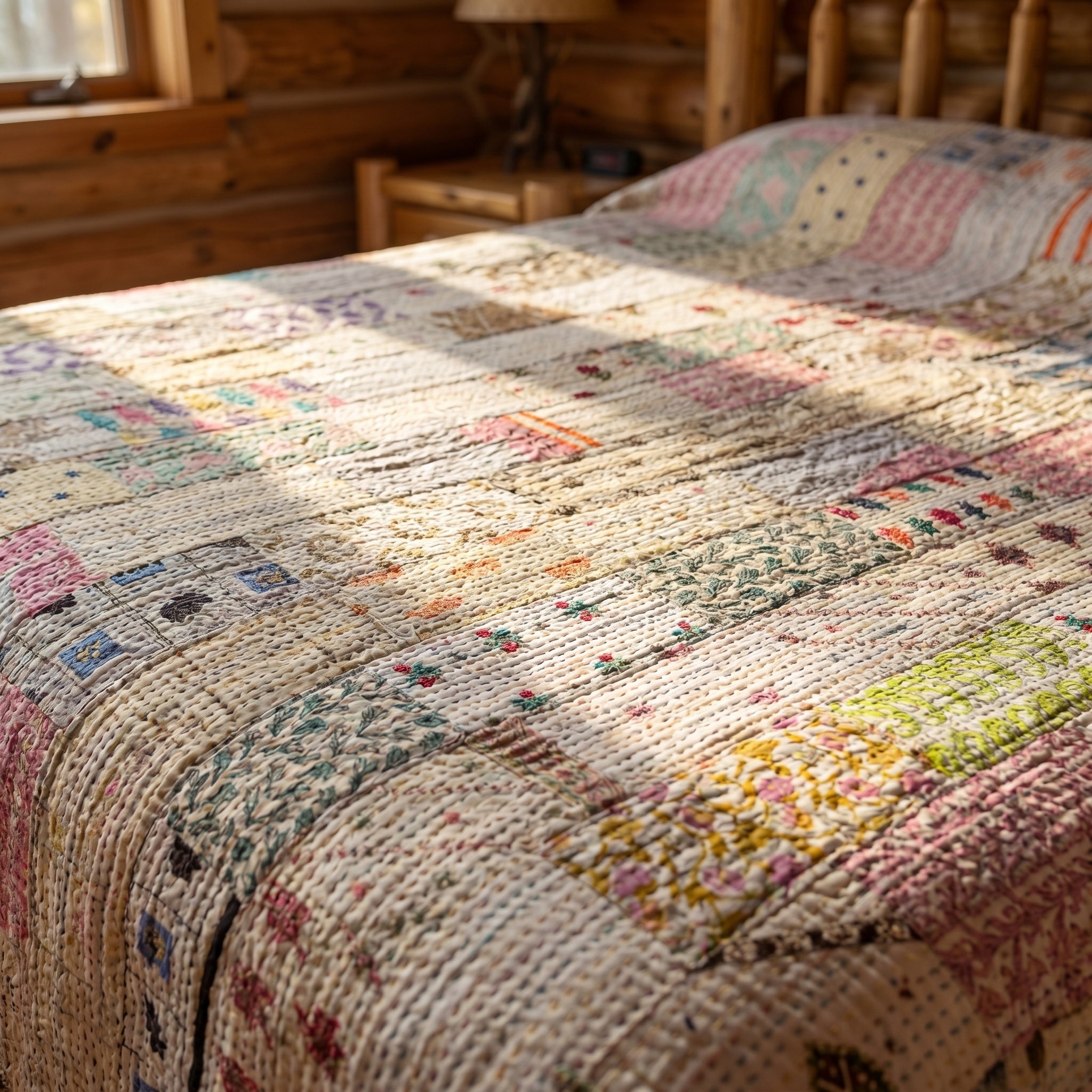 Fern Marigold Handmade Patola Kantha Bedspread